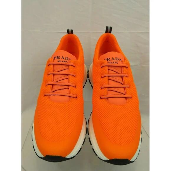PRADA 4E3499 NEON ORANGE SPORT MESH BLACK LOGO LACE LOW TOP SNEAKERS 9 / US 10 - Picture 4 of 11